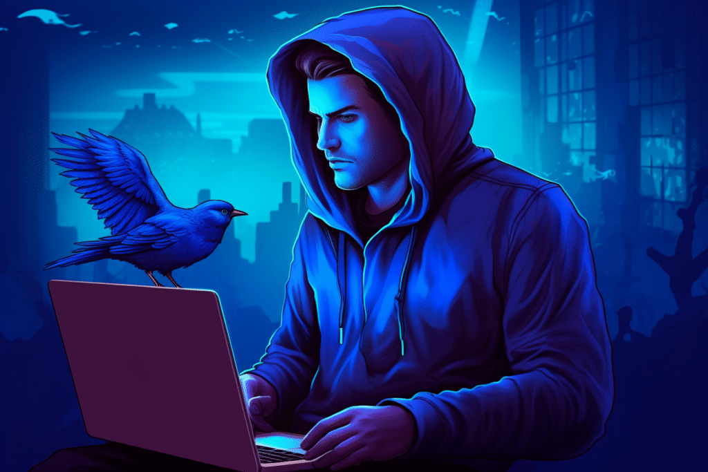 An AI image of a man in a hoodie looking at a laptop which has a blue bird sitting on top of it.