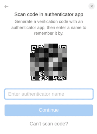 A pixelated QR code from Notion. The text reads:
Scan code in authenticator app. 
Generate a verification code with an authenticator app, then enter a name to remember it by.