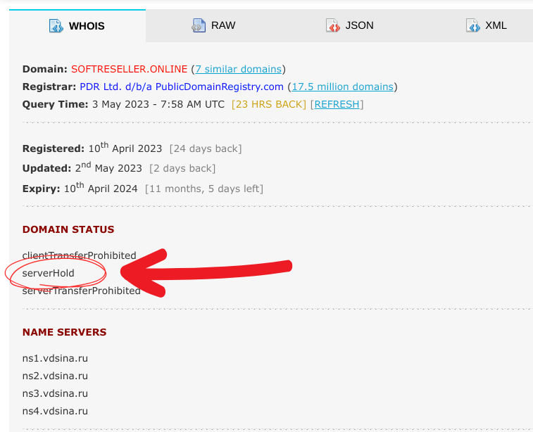 Whois record for the malicious domain.
Registered: 10th April 2023
Updated: 2nd May 2023
Expiry: 10th April 2024.

Domain Status
Client Transfer Prohibited
Server Hold
Server Transfer Prohibited