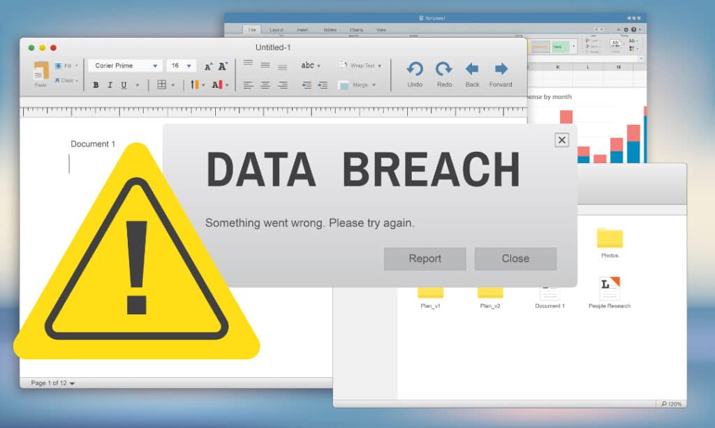 An image of open documents with "the following text in a dialogue box: "Data breach. Something went wrong. Please try again."