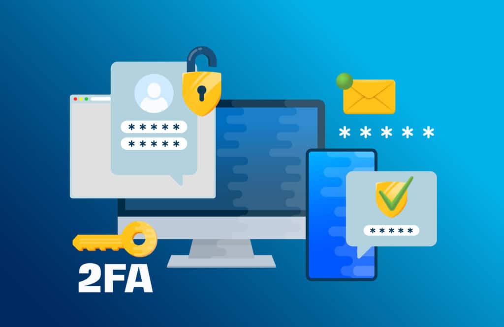 Two factor authentication security illustration. Login confirmation notification with password code envelope message. Smartphone, mobile phone and computer app account shield lock icons. Blue background