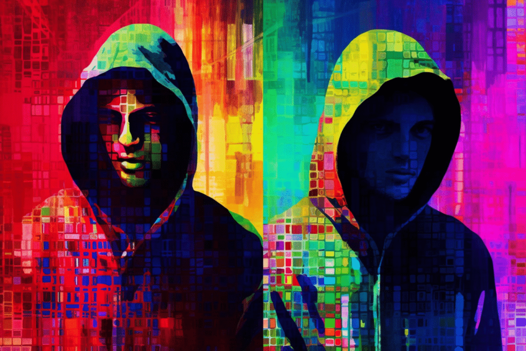 AI generated image of two people in hoodies in a mosaic style.
