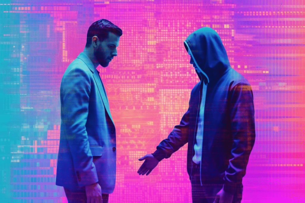 A decorative AI generated image of a man in a business suit looking warily at a hacker in a hoodie who is extending his hand as if he wants to make a deal.