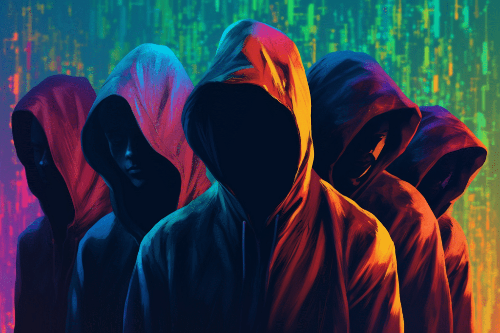 An AI generated image of 5 shadowy figures wearing brightly colored hoodies with their faces obscured.