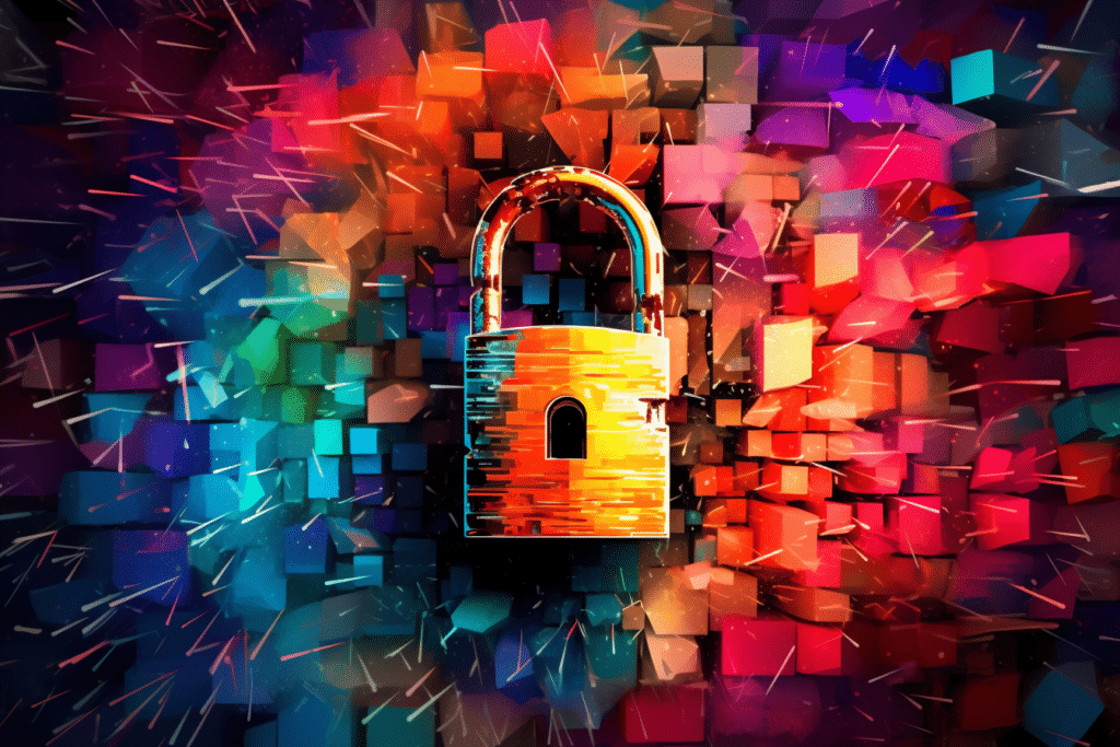 AI generated image of a battered lock against a colorful mosaic background.