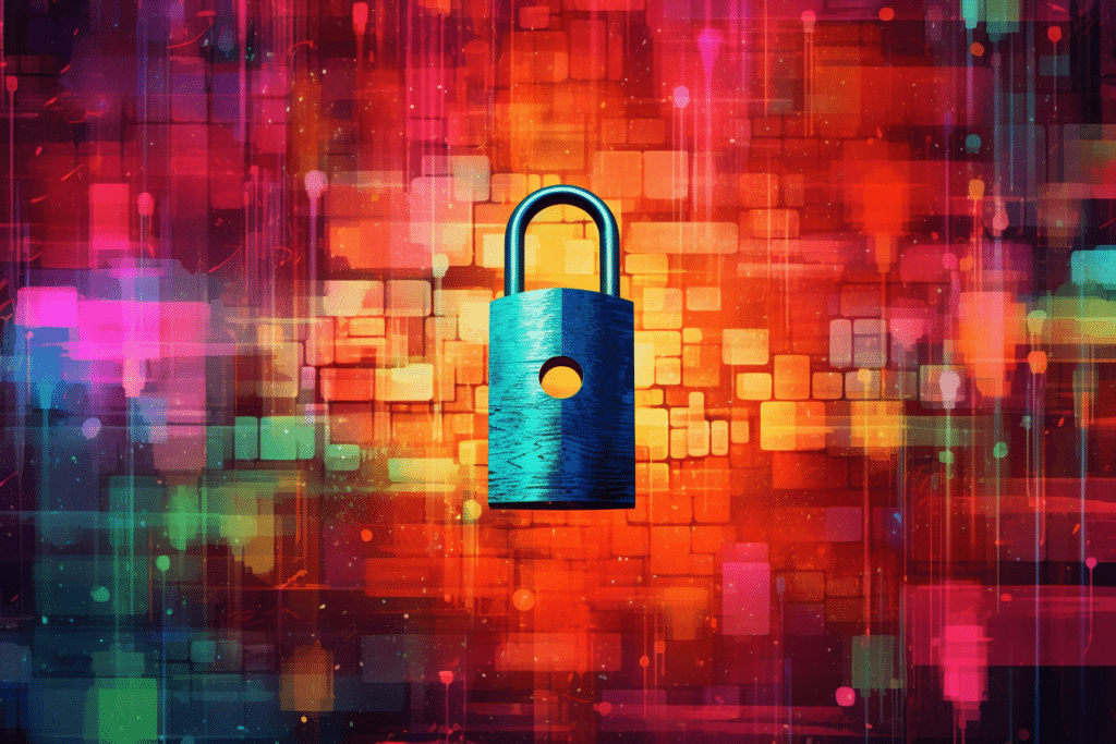 An AI generated image of a lock against a colorful background