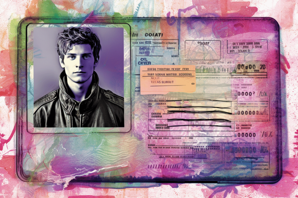 An AI generated image of a driver's license, with splashes of color.