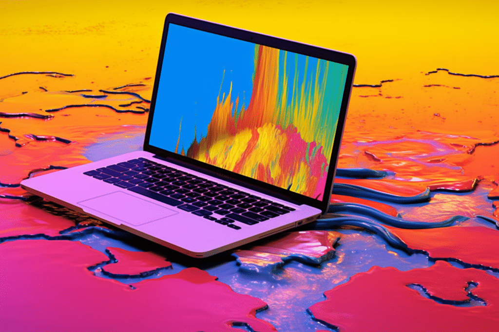 An AI generated image of a laptop with fire on its screen on a colorful background.