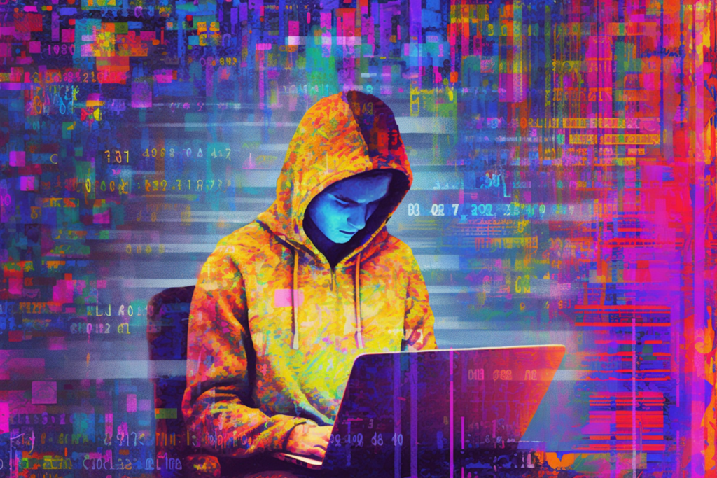 AI generated image of a person in a yellow hoodie sitting at a pink laptop, stylized with a glitch effect.