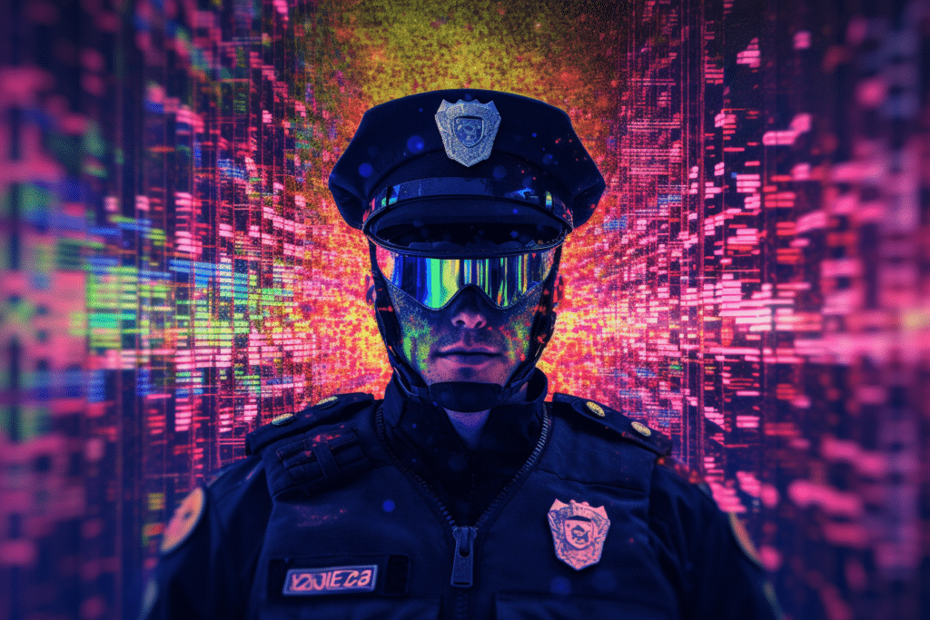 An AI generated image of a policeman with colorful lights in the background.