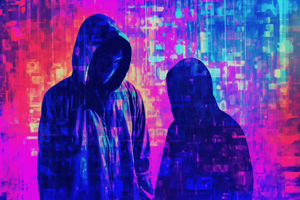 An AI generated image of two shadowy figures against a colorful background.