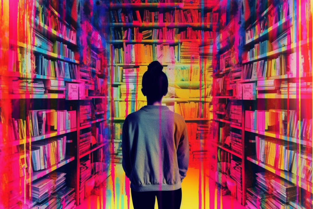 An AI generated image of a female student standing in between shelves of books.