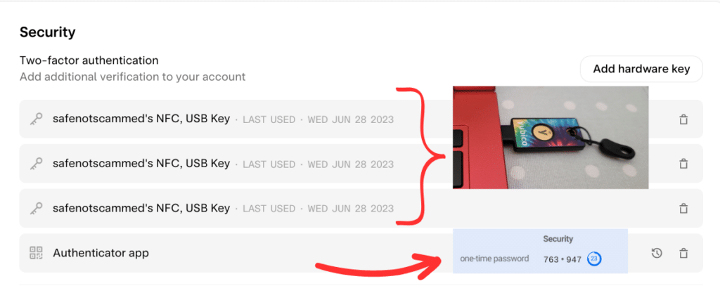 Skiff's 2FA UI:
Two-factor authentication
Add additional verification to your account. Add hardware key
safenotscammed's NFC, USB Key Last Used Wed Jun 28th 2023
safenotscammed's NFC, USB Key Last Used Wed Jun 28th 2023
safenotscammed's NFC, USB Key Last Used Wed Jun 28th 2023
Authenticator app