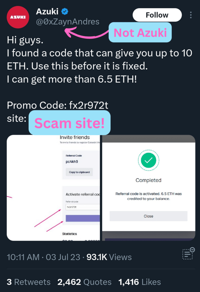 Azuki (@0xZaynAndres)
Hi guys.
I found a code that can give you up to 10 ETH. Use this before it is fixed. I can get more than 6.5 ETH!
Promo code: fx2r972t
site: redacted