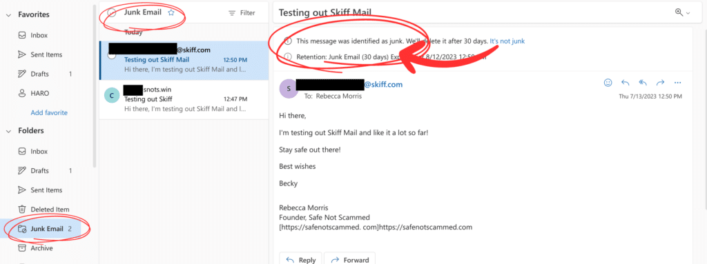 The UI from Microsoft Outlook, showing two emails sent from Skiff in the "Junk mail" folder. At the top of  one email, Outlook has added the text, "This message was identified as junk. We'll delete it after 30 days."