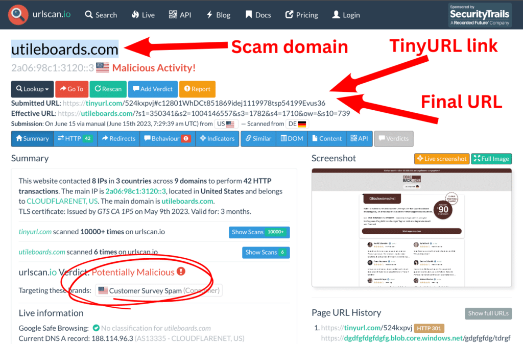 URLScan's interface. It identifies the scam domain as utileboards[.]com and lists it as a potentially malicious customer survey spam site.