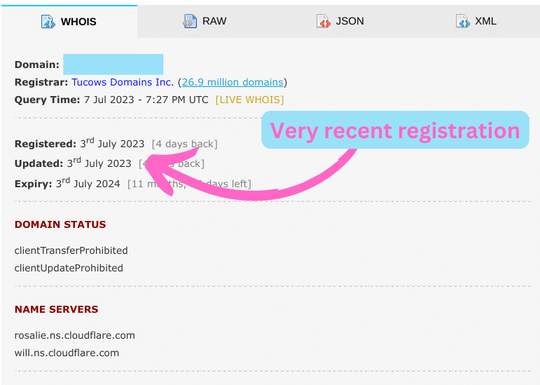 Domain: Redacted
Registrar: Tucows Domains Inc
Registered: 3rd July 2023 [4 days back]
Updated: 3rd July 2023 [4 days back]
Expiry: 3rd July 2024