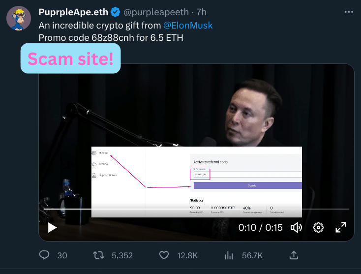 PuprpleApe.eth (@purpleapeeth)
An incredible crypto gift from 
@ElonMusk
  
Promo code 68z88cnh for 6.5 ETH  
redacted