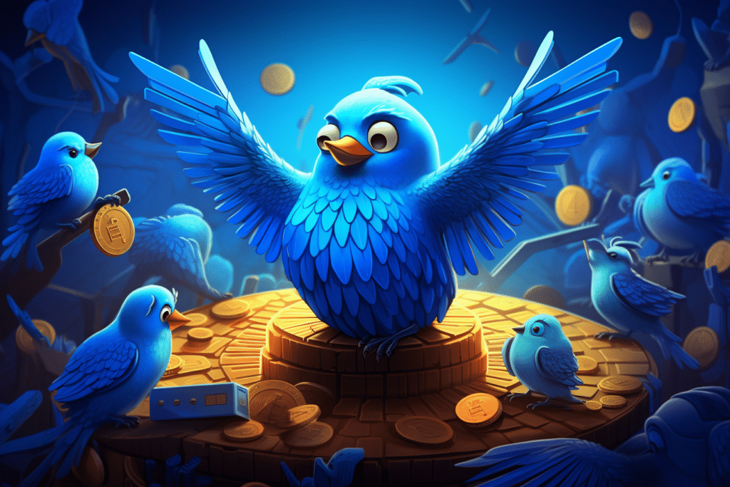 An AI generated image of a blue bird siting on a podium, preaching to other blue birds about cryptocurrencies.