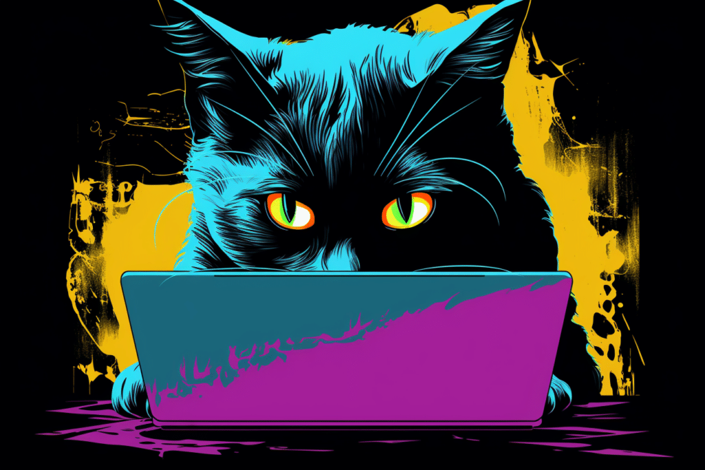 An AI generated image of a  blue and black cat with glowing yellow and orange eyes looking at a silver and pink computer.