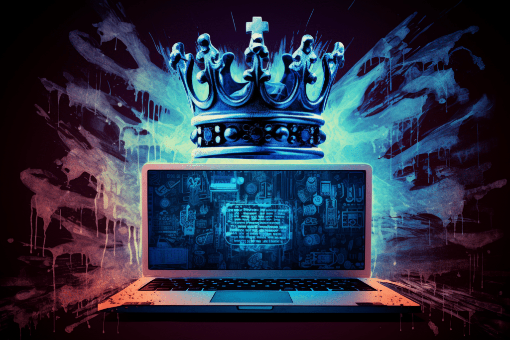 An AI generated image of a crown on top of a laptop.