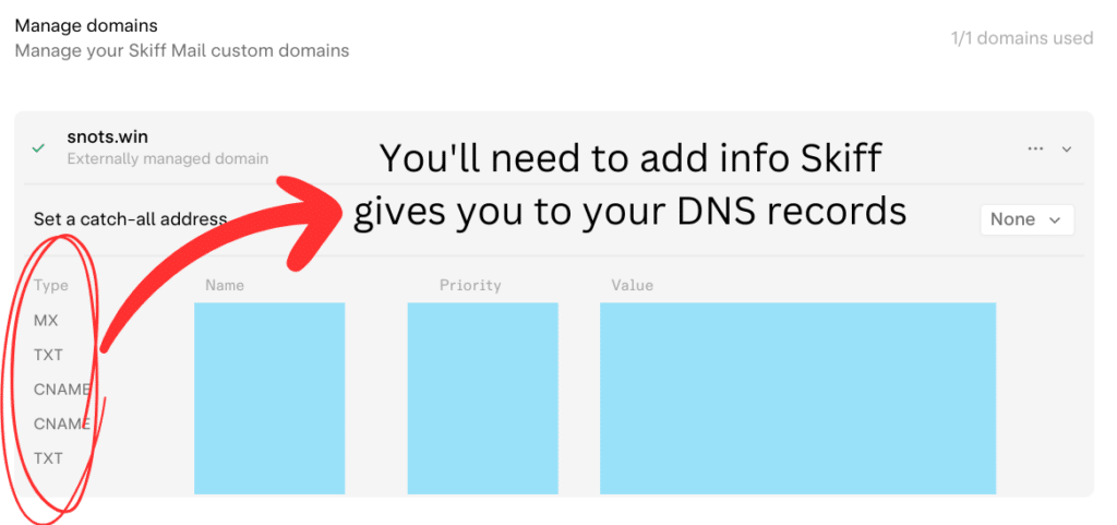 Skiff Mail's domain management UI. It lists the DNS records that you'll need to add: an MX record, two TXT records (one for SPF, one for DMARC) and two CNAME records (both for DKIM).