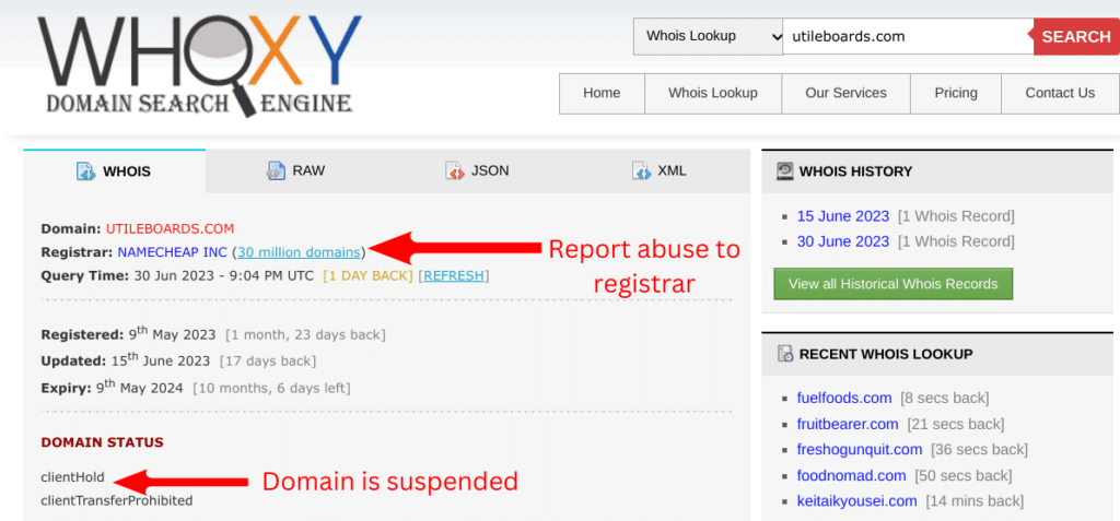 WhoXY's interface. 
Domain: utileboards[.]com
Registrar: Namecheap Inc
Registered: 9th May 2023
Updated: 15th June 2023
Expiry: 9th May 2024