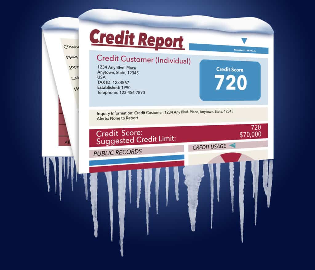 An icy, snow covered credit report in a snowstorm illustrates the idea of freezing your credit report.