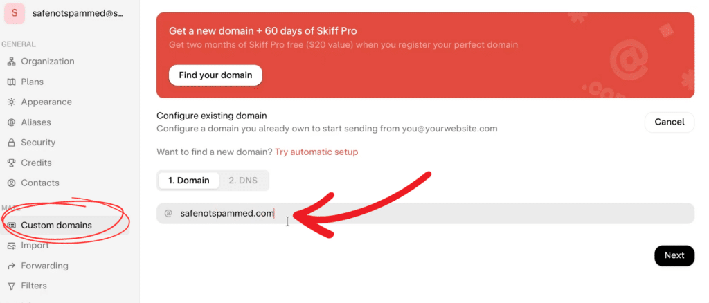 Configure existing domain.
Configure a domain you already own to start sending from you@yourwebsite.com.
1. Domain 2. Dns
@ safenotspammed.com