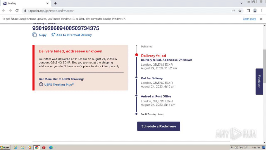 Fake USPS tracking page:
Delivered failed, addressee unknown
Your item was delivered at 11:22am on August 24, 2023 in London, GB ENG EC4R. But you are not at the shipping address or you don't have a safe place to store it temporarily.

Schedule a Redelivery