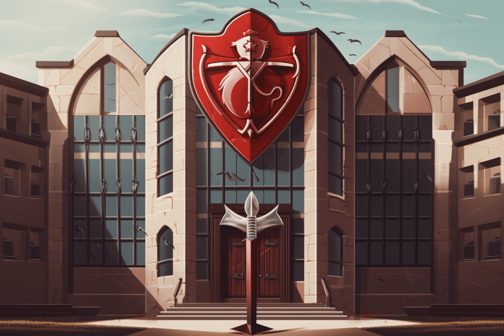 An AI generated image of a school with a red sword and shield