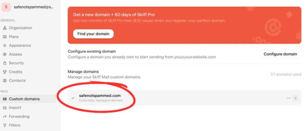 A green checkmark appears to the left of the domain safenotspammed.com