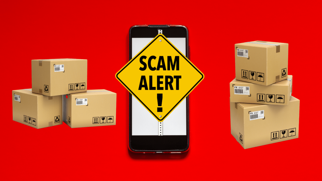 A cell phone with a "scam alert" sign overlaid onto it. On either side of the phone are piles of packages.