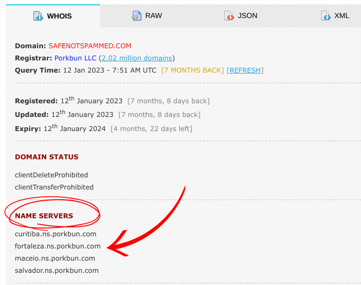 Domain: SAFENOTSPAMMED.COM
Registrar: Porkbun LLC

Name Servers
curitiba.ns.porkbun.com
fortaleza.ns.porkbun.com
maceio.ns.porkbun.com
salvador.ns.porkbun.com