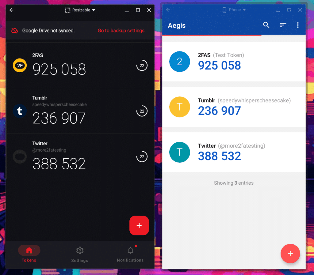 The 2FAS app is displayed on the left, showing three codes. The Aegis Authenticator app is displayed on the right, showing the same three codes. Both apps are Android apps run on a Chromebook.