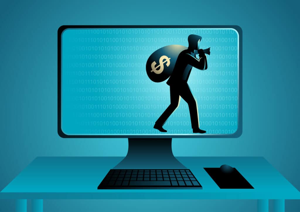 Vector illustration of a thief carrying big sack full of cash money in the computer monitor, concept of cyber crime, scammer and cyber security