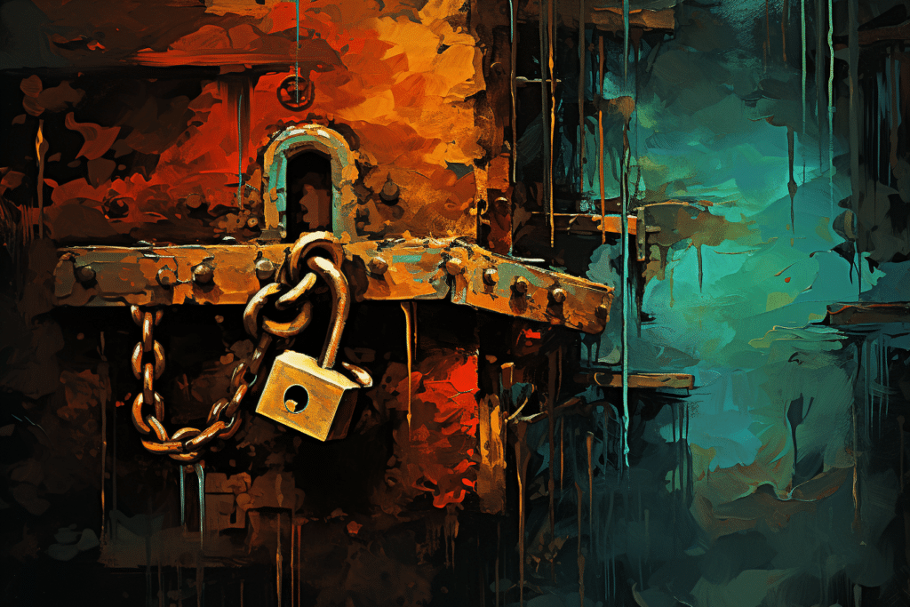 AI generated image. An oil style painting of a broken old lock on a metal door.