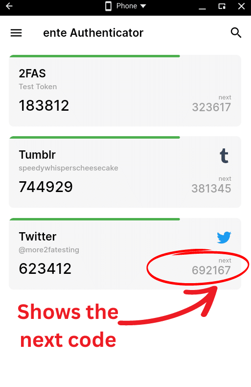 In ente Auth, the current 2FA code is displayed on the left, while the next code is displayed in a smaller, grey font on the right.