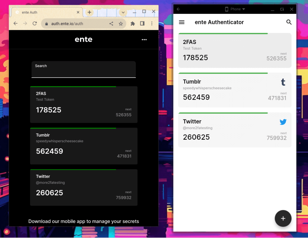 ente Auth accessed from the web in Chrome is displayed on the left and shows the codes for three accounts. On the right, the ente Auth Android app is displayed, accessed from a Chromebook, displaying the same codes for the same three accounts.