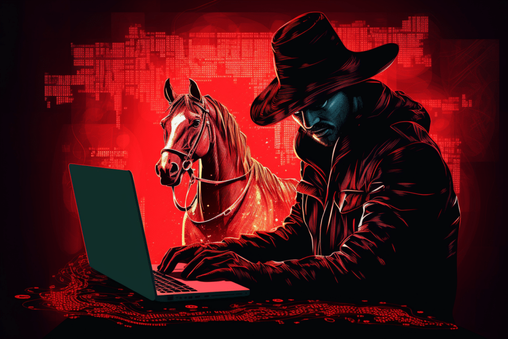 A cowboy ransomware operator types on his laptop while his horse looks on in the background. AI generated image.