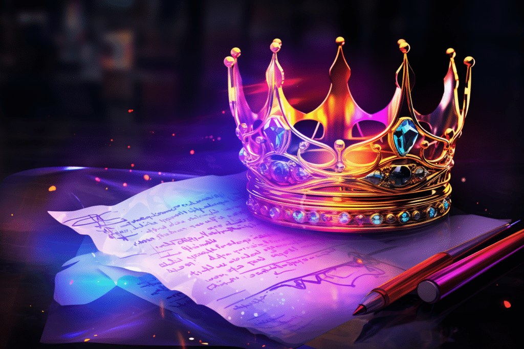 An AI generated image of a crystal-neon crown on top of a handwritten letter.