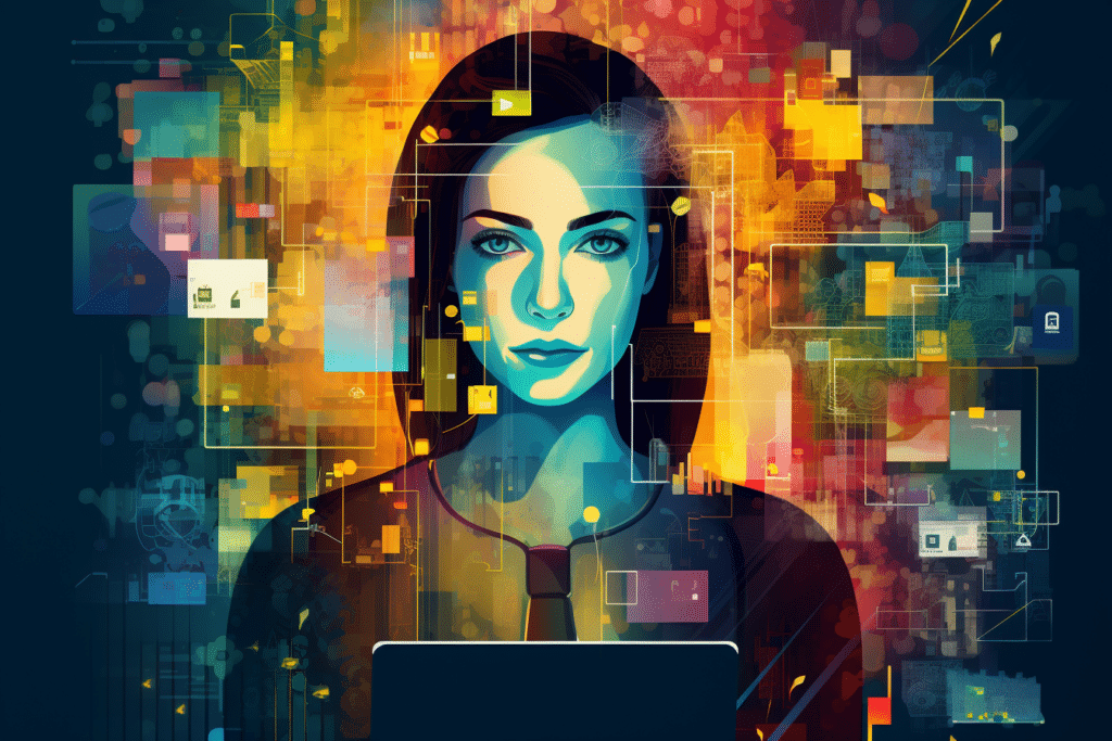 An AI generated image of a woman employee, with her information surrounding her.