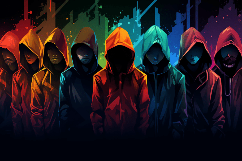 An AI generated image of eight hackers in hoodies.