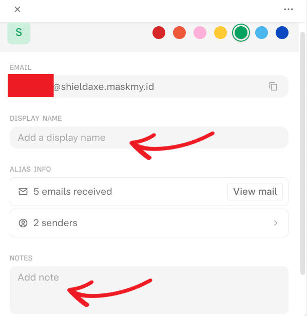 A screenshot from the Skiff Quick Alias management UI:

Email: redacted
Display name: Add a display name
Alias Info
5 emails received View mail
2 senders
Notes: Add note