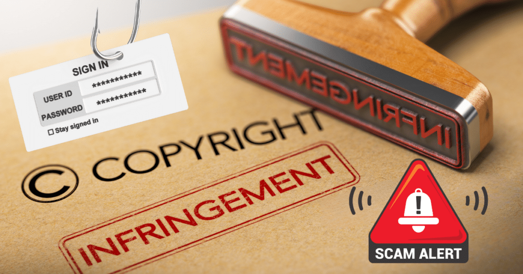 A folder with the word "Copyright infringement" stamped on it. The image is overlaid with a login page and a phishing hook, as well as a scam alert logo.