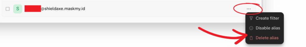 A screenshot from the Skiff Quick Alias management settings UI.
It displays a redacted Quick Alias, with three dots next to it. Those three dots have been clicked, revealing a drop down menu with the following options:
Create filter
Disable alias
Delete alias.