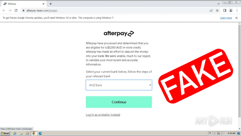 Screenshot of the Afterpay phishing page, annotated with the text "fake."