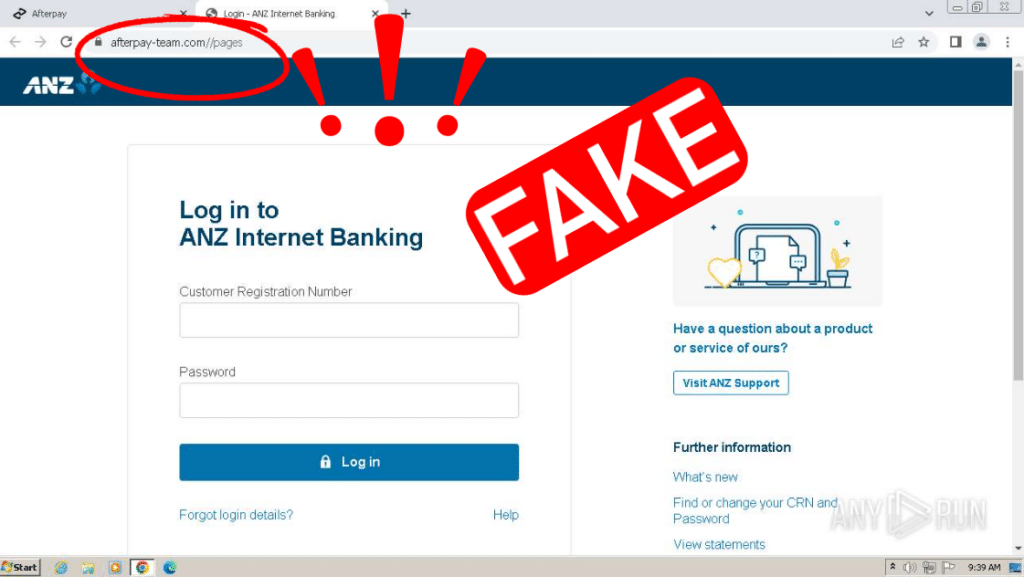 Browser window displaying a ANZ banking phishing page. The image is edited to highlight the URL, which is afterpay-team[.]com//pages.