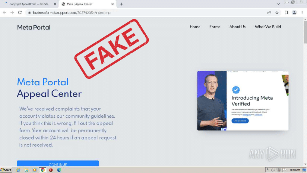 If you click the "Go to Form" button on the fake Bio Sites page, you'll be brought to this page, which is also fraudulent. It says "Meta Portal Appeal Center. We've received complaints that your account violates our community guidelines. If you think this is wrong, fill out the appeal form. Your account will be permanently closed within 24 hours if an appeal request is not received." The screenshot has been edited to display “FAKE” on it in red letters.