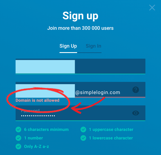 A signup page that says "Domain is not allowed" when trying to register with a simplelogin.com email alias.